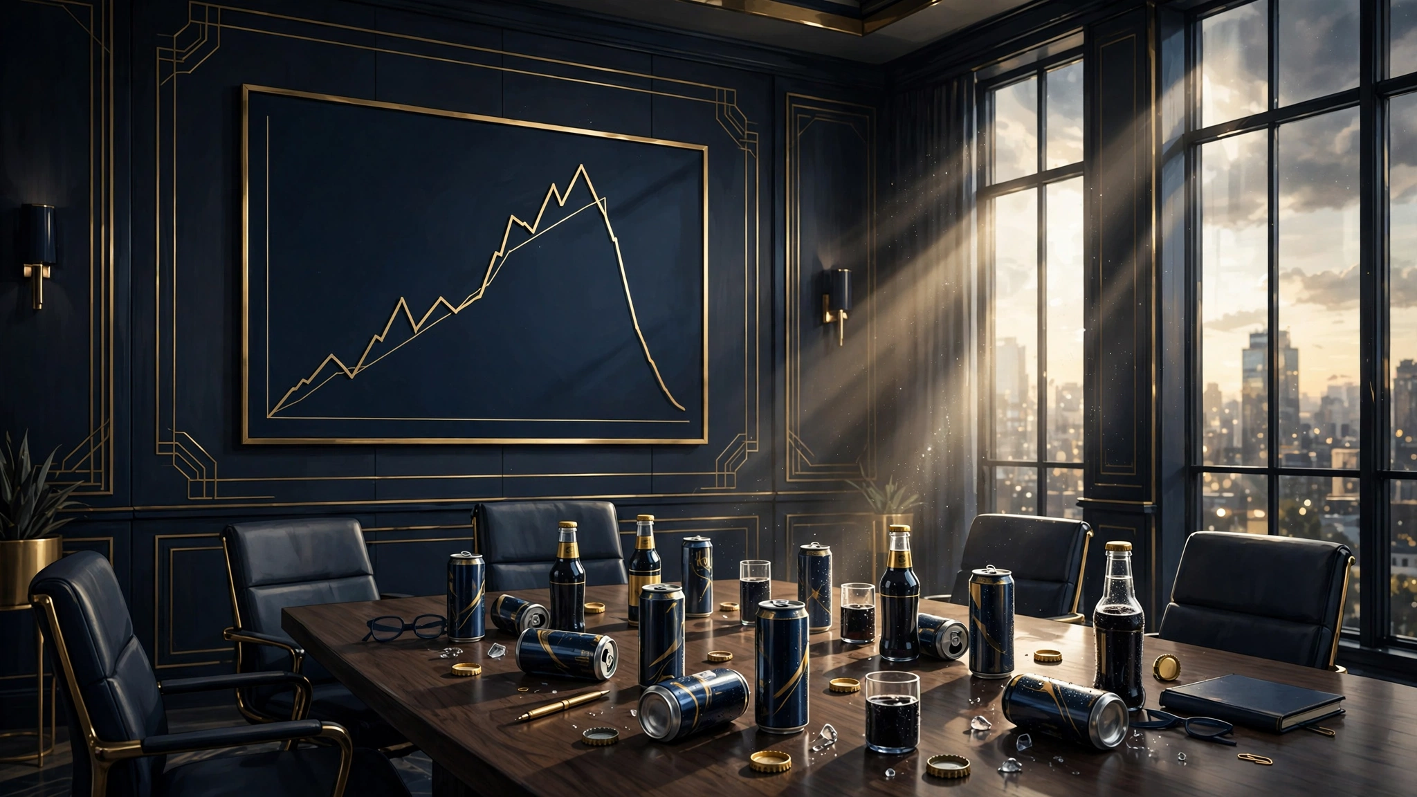Illustrated beverage company boardroom scene in navy and gold showing an energy drink brand's rise and fall, representing Logan Paul's PRIME Hydration equity stake