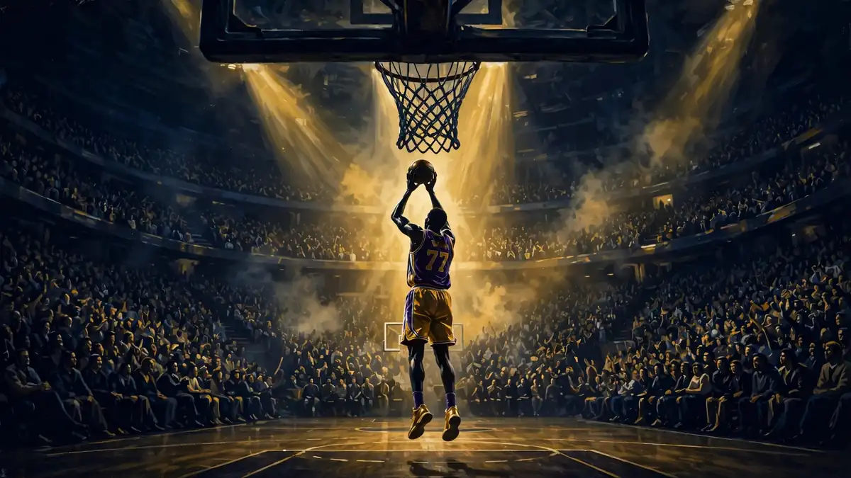 Illustrated night scene of a packed NBA arena with a Lakers number 77 player shooting under golden lights