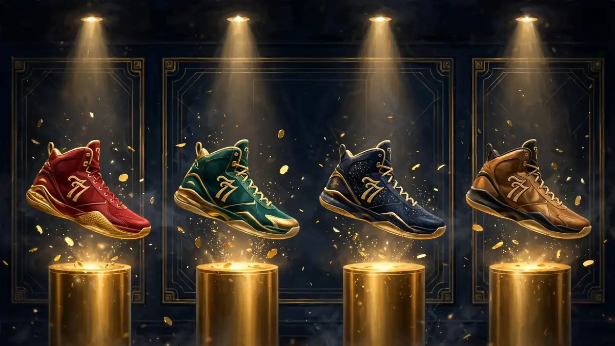 Illustrated luxury sneaker display with four signature basketball shoes on golden pedestals in a dark studio