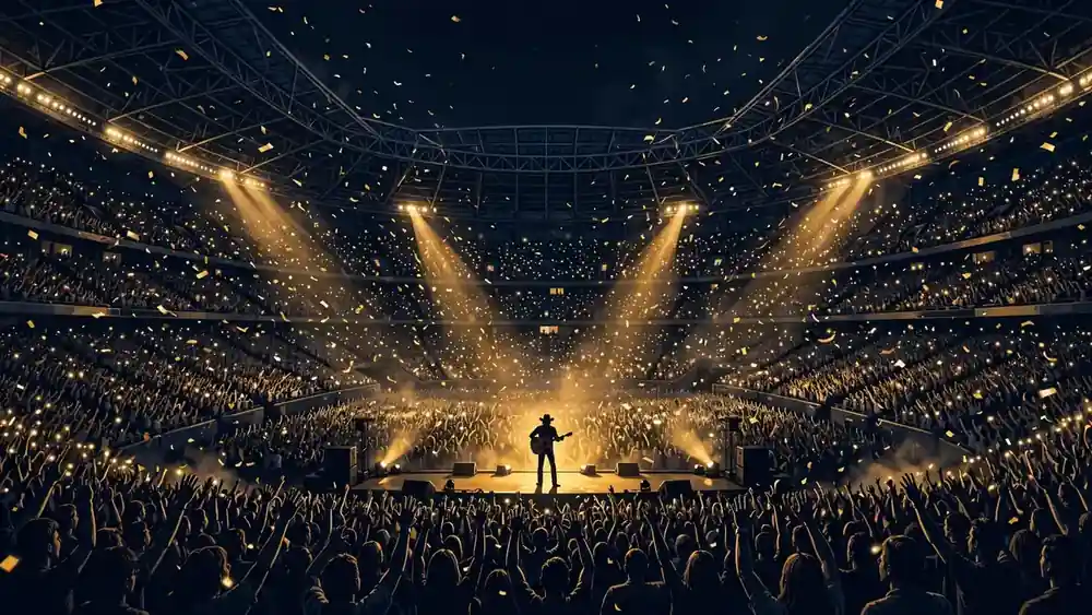 Illustrated night scene of a packed stadium during Luke Combs' 2026 concert