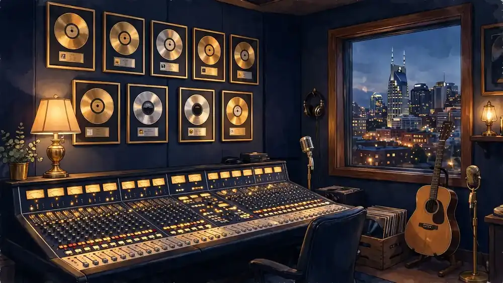 Illustrated Nashville recording studio with gold record plaques, tied to Luke Combs' album catalog