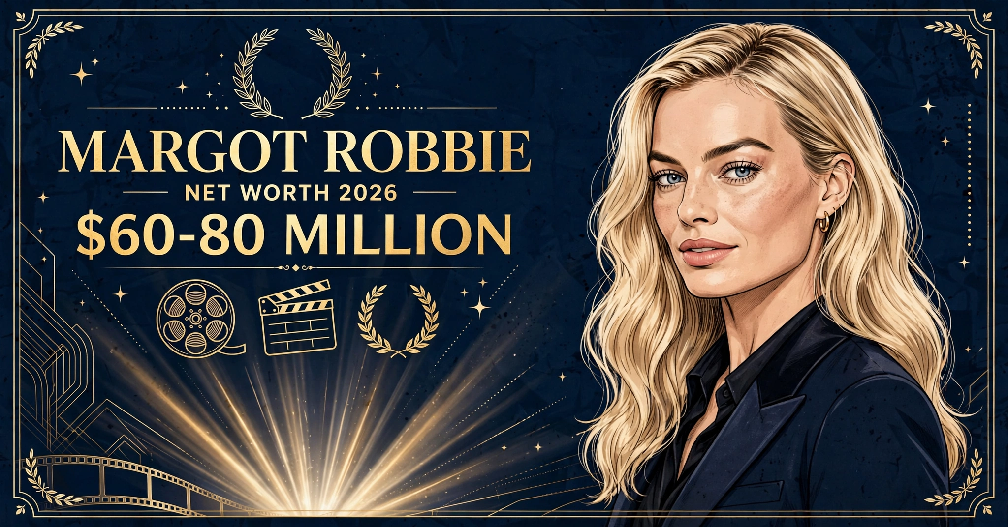 Margot Robbie net worth 2026 — estimated $60 to $80 million fortune infographic