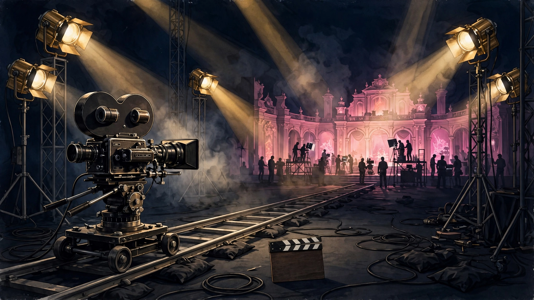 Illustrated blockbuster film set at night in navy and gold, representing the scale of the Barbie production that reshaped Margot Robbie's finances