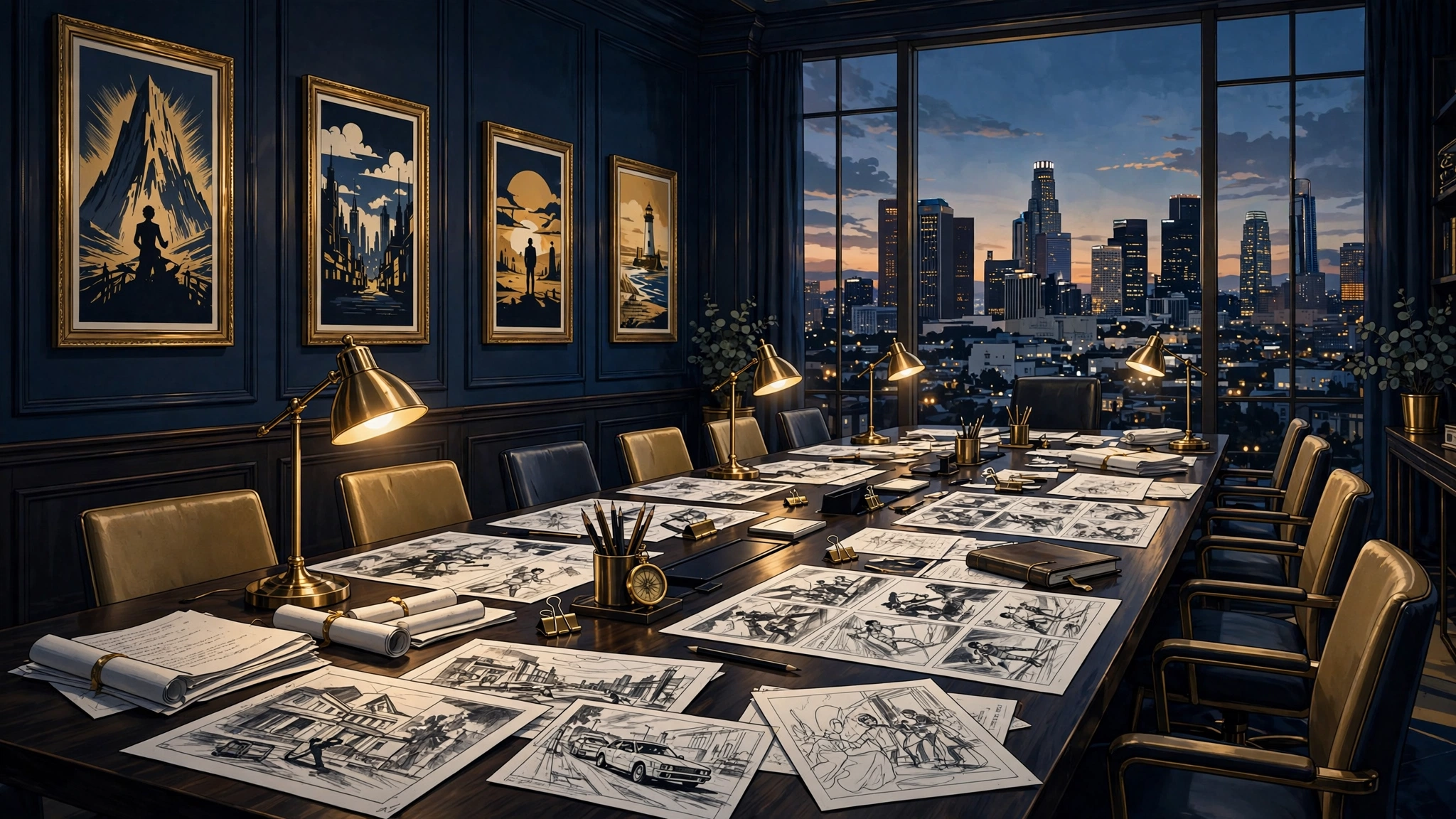 Illustrated film production company boardroom in navy and gold with storyboards and scripts, representing LuckyChap Entertainment's producer economics