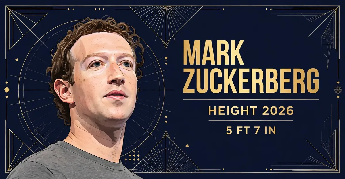 Mark Zuckerberg height 2026 — stylized illustrated portrait of the Meta CEO with MARK ZUCKERBERG HEIGHT 2026 5 FT 7 IN text