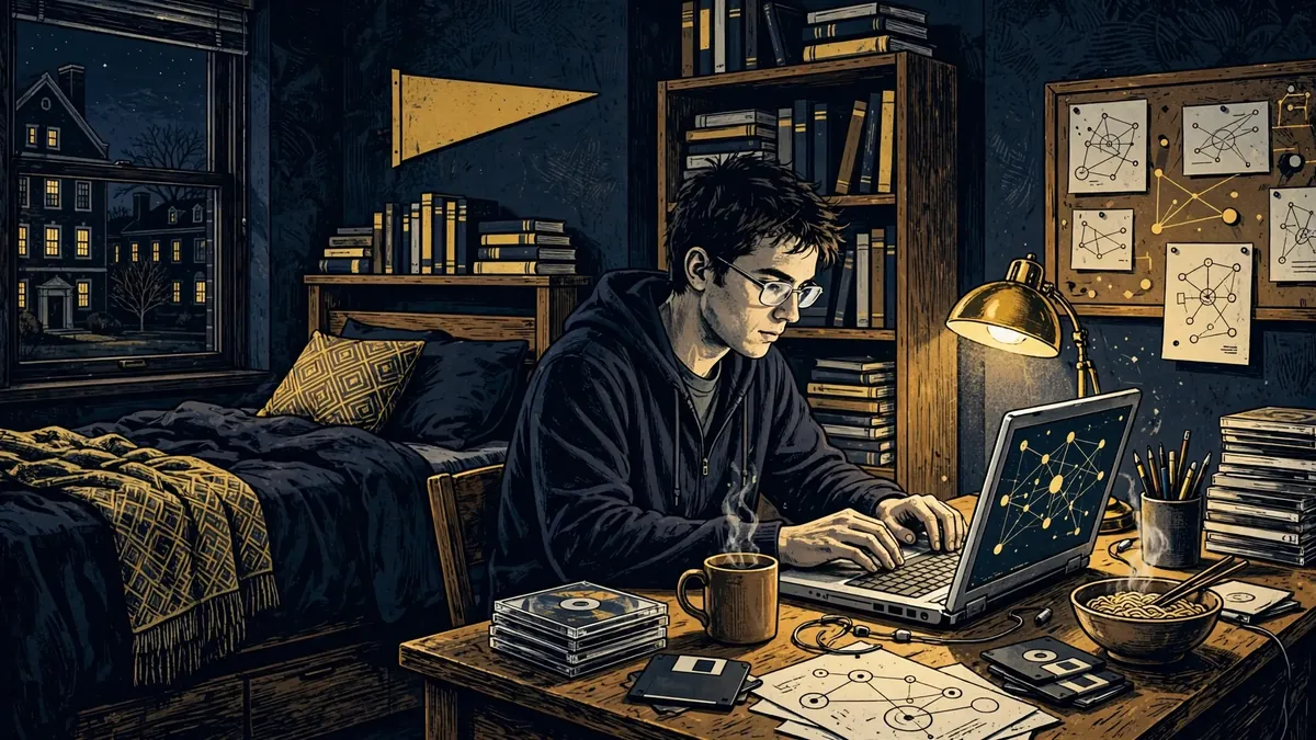 Illustrated Harvard dorm room in 2004 with a young programmer at a laptop building an early social network, in dark navy and gold tones