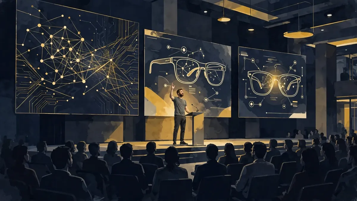 Illustrated tech keynote stage with a speaker presenting artificial intelligence and smart glasses concepts, in dark navy and gold tones