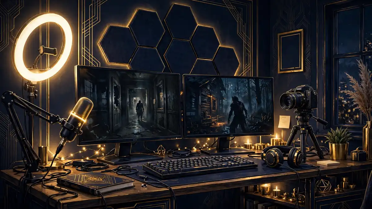 Illustrated home creator studio at night with microphone, monitors and camera, representing Markiplier's YouTube setup