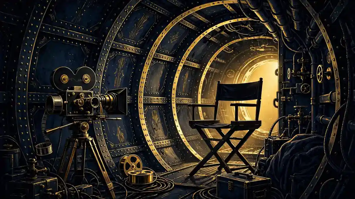 Illustrated Iron Lung film-set scene with a submarine interior, camera and director's chair for Markiplier's 2026 movie