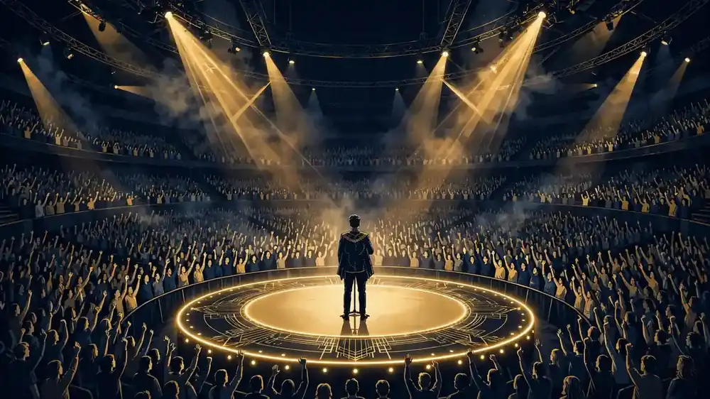 Illustrated sold-out comedy arena with a performer on a glowing 360-degree in-the-round stage under golden spotlights