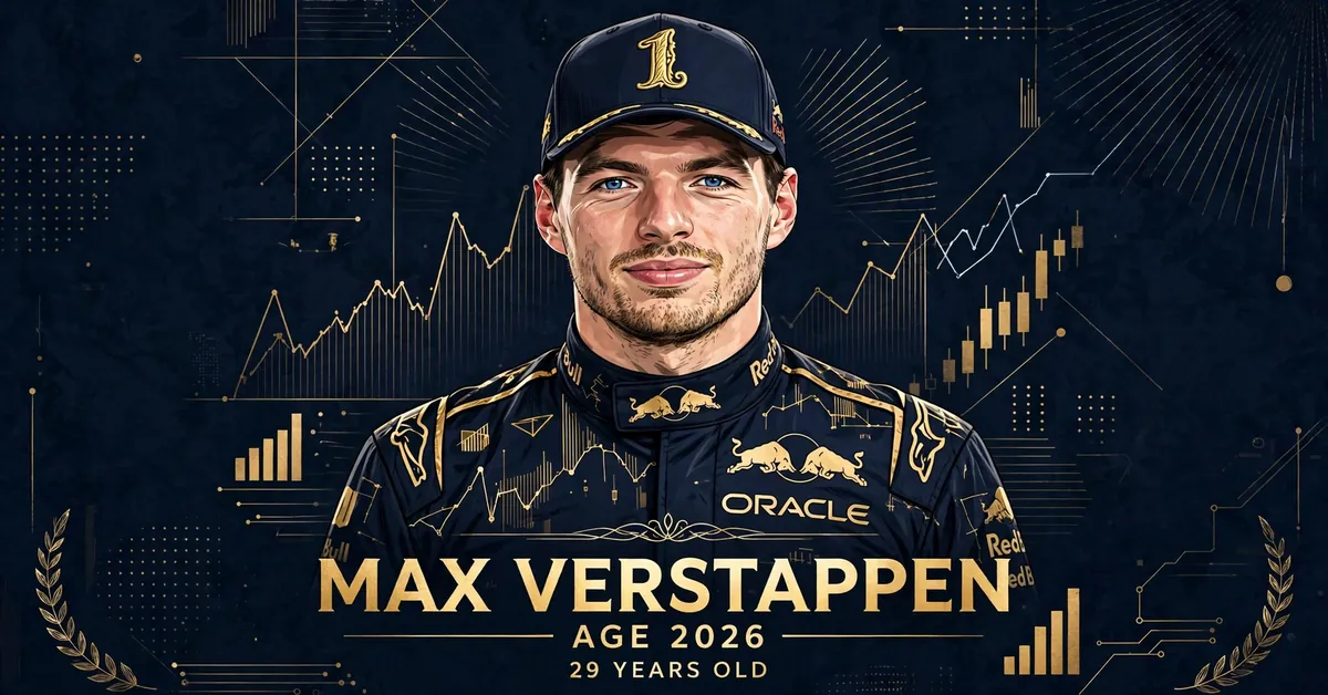 Max Verstappen age 2026 — stylized illustrated portrait of the Formula 1 driver with MAX VERSTAPPEN AGE 2026 29 YEARS OLD text
