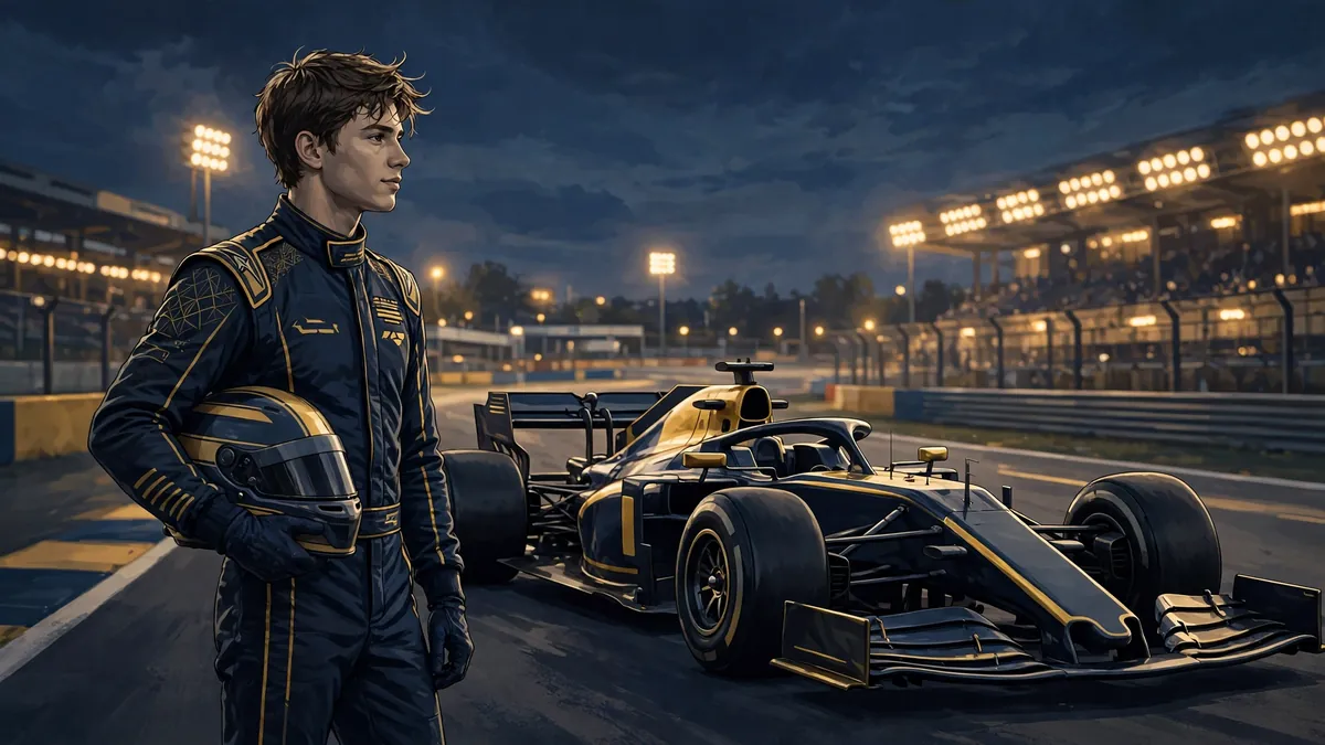 Illustrated racing driver in a dark navy racing suit holding a helmet beside a Formula 1 car on a floodlit track at dusk, in dark navy and gold tones