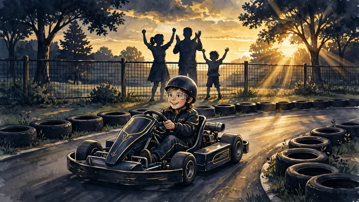 Illustrated young boy in a go-kart on a small karting track at golden hour, with family silhouettes cheering at the fence, in dark navy and gold tones