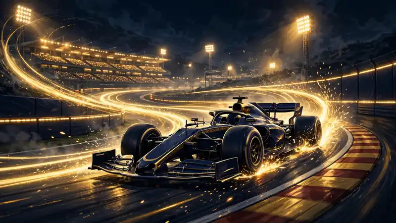 Illustrated night-time Formula 1 circuit scene with a race car and golden light trails — Verstappen's on-track earnings context