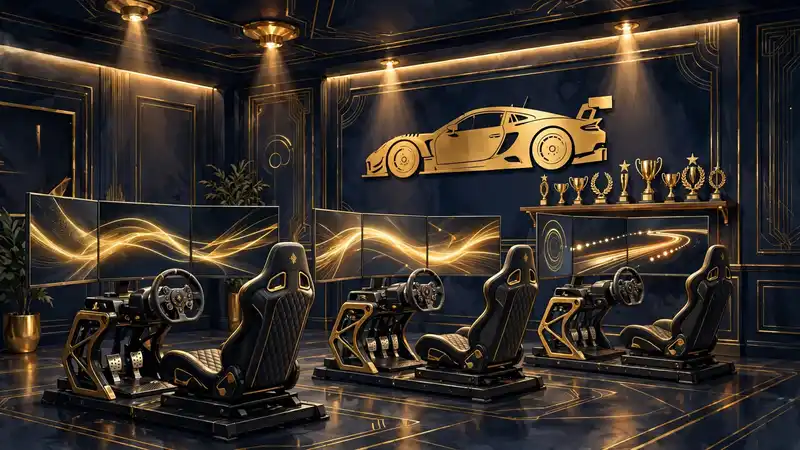 Illustrated premium sim-racing facility with racing simulators and trophies — Verstappen Sim Racing business context