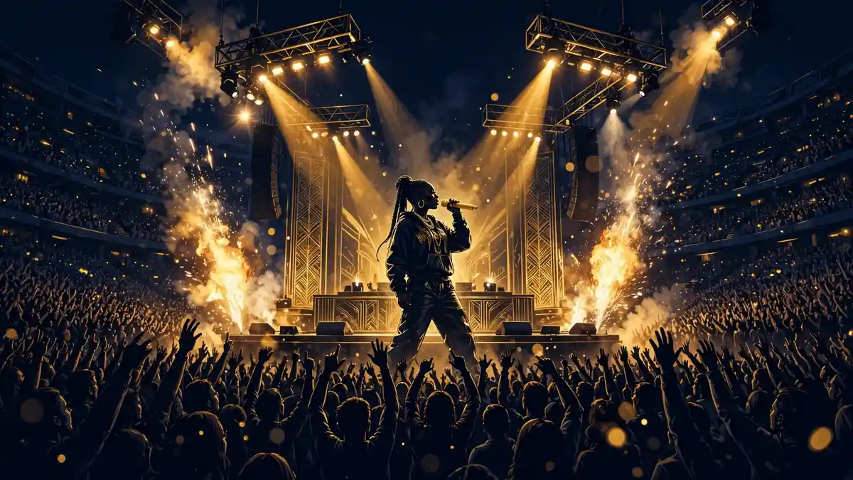 Megan Thee Stallion performing for a sold-out arena crowd, illustrated