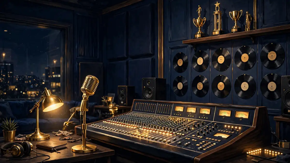 Megan Thee Stallion's luxury recording studio with trophies and gold microphones, illustrated