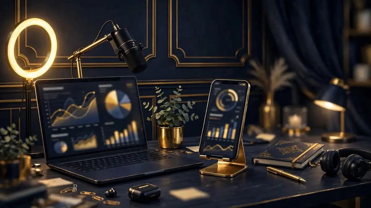Illustrated creator studio desk with ring light, microphone, and phone showing subscription analytics — representing Mia Khalifa's OnlyFans income engine