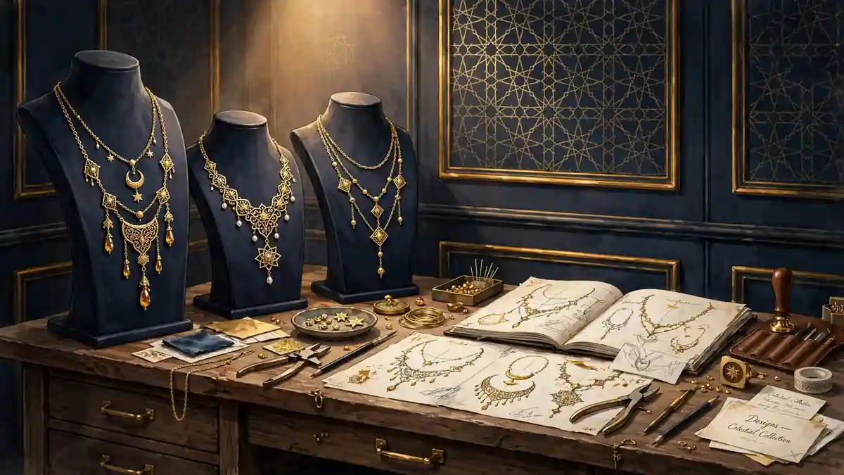 Illustrated gold jewelry atelier with Middle Eastern-inspired necklaces on display stands and design sketches — representing Mia Khalifa's Sheytan brand