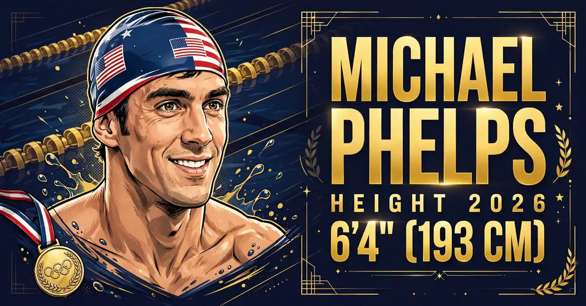 Michael Phelps height 2026 — illustrated navy and gold portrait of the 6'4