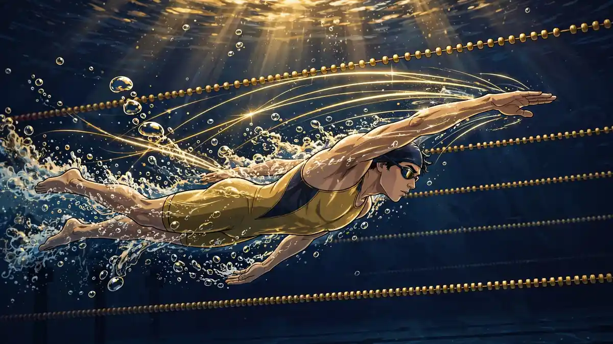 Illustrated underwater view of Michael Phelps-style swimmer with extended arms showing wingspan and glide