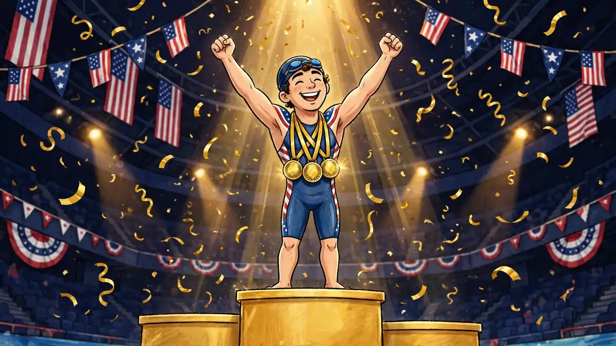 Illustrated celebration of Michael Phelps-style Olympic swimmer with gold medals on a podium under American flags