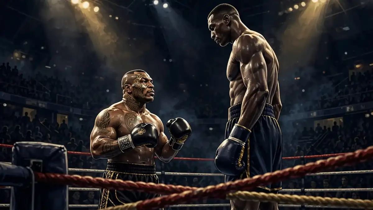 Illustration of Mike Tyson dwarfed by a much taller heavyweight opponent under arena lights
