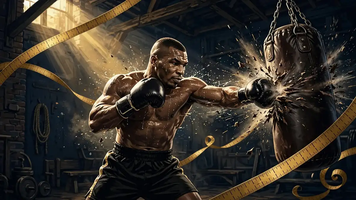 Illustration of Mike Tyson training on a heavy bag in a dim boxing gym, with a golden measuring-tape motif
