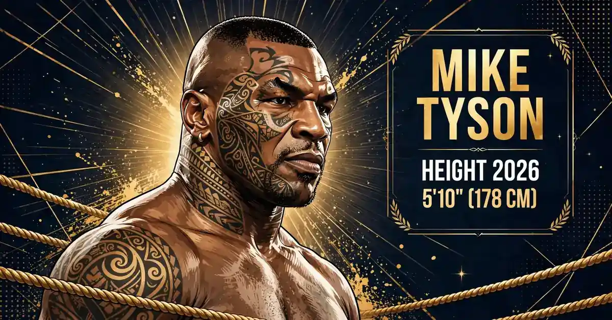 Mike Tyson height 2026 — 5 ft 10 in (178 cm) illustrated profile infographic
