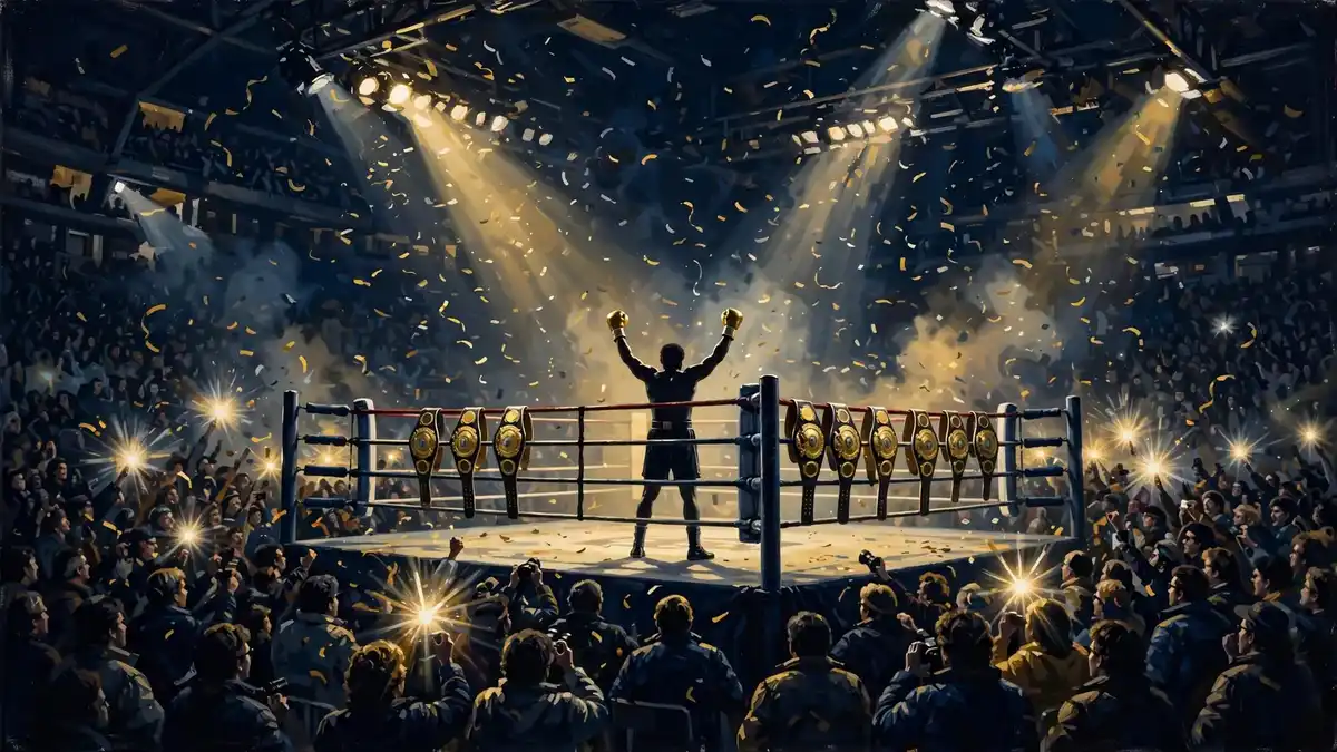 Stylized 1980s boxing arena illustration — championship ring under golden spotlights, nodding to Mike Tyson's title reign
