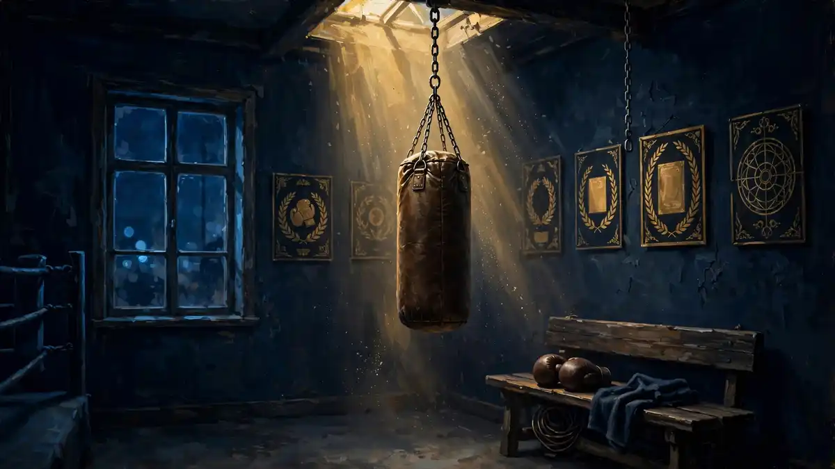 Moody boxing gym illustration at night — punching bag in golden light, nodding to Mike Tyson's training roots and comeback