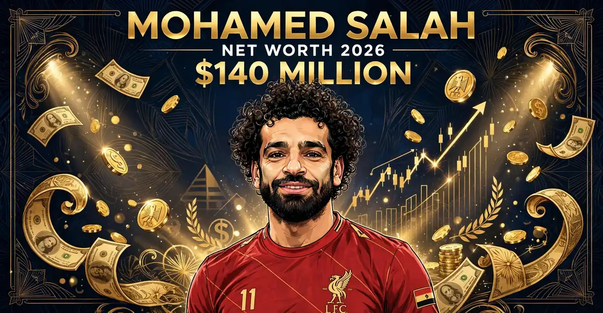 Mohamed Salah net worth 2026 — estimated $90 to $140 million fortune infographic