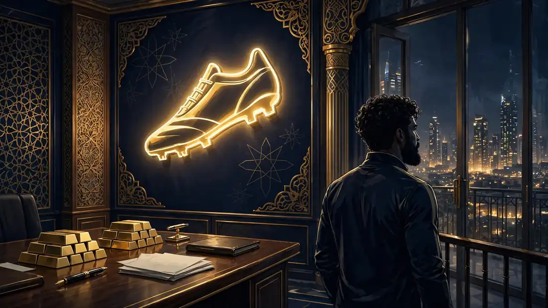 Illustrated night boardroom scene with a footballer overlooking a Middle Eastern city skyline, symbolizing Mohamed Salah's endorsement empire