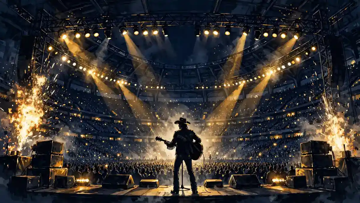 Illustrated stadium concert at night with a silhouetted performer, golden pyrotechnics and a huge crowd