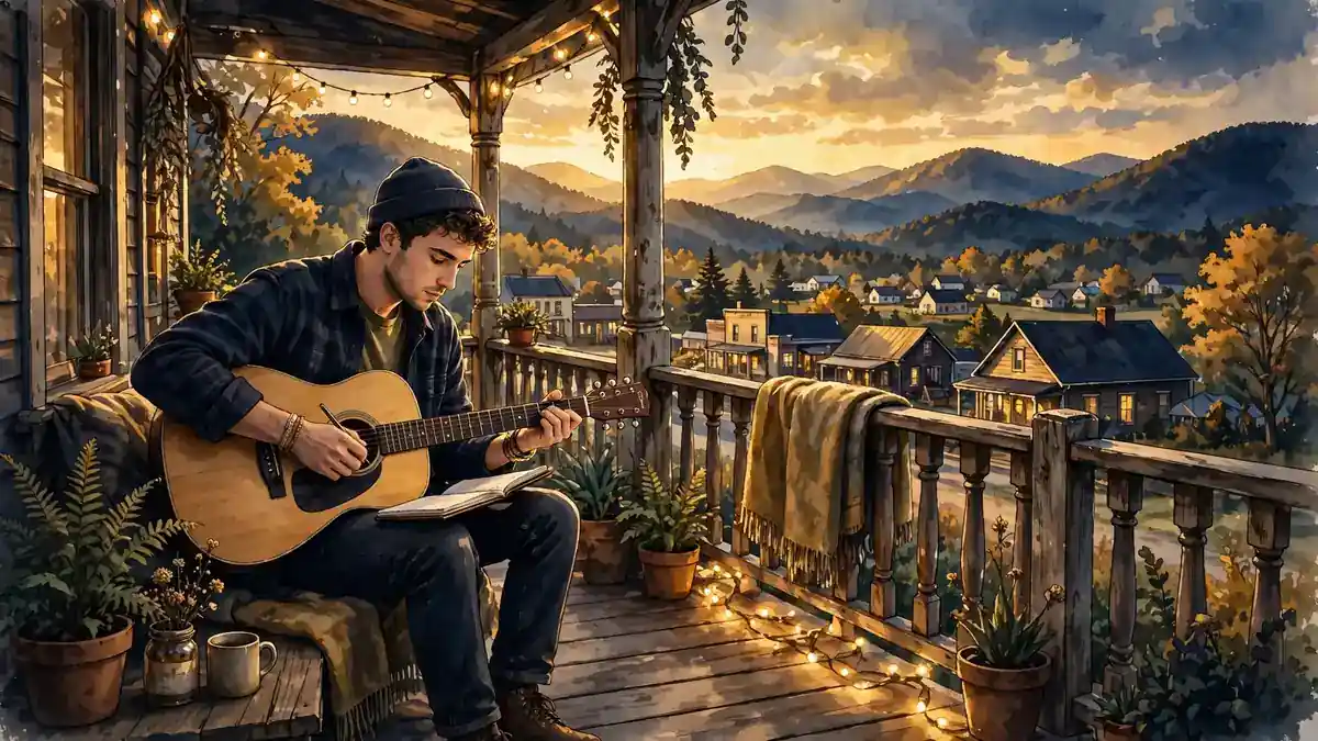 Illustrated young man writing songs on an acoustic guitar on a wooden porch above a small Tennessee town at golden hour