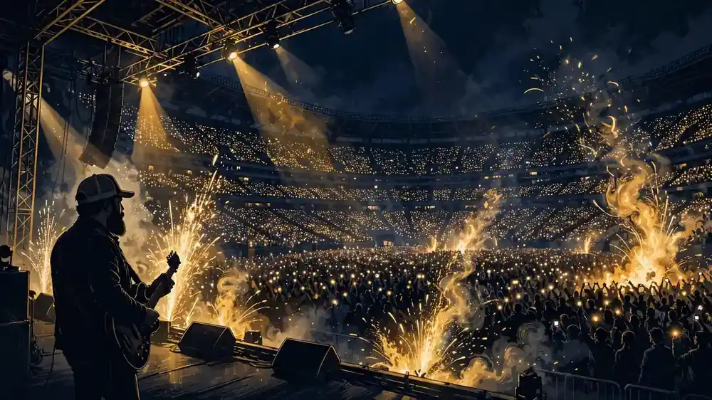 Stadium concert crowd under golden stage lights during Morgan Wallen's 2026 Still the Problem Tour