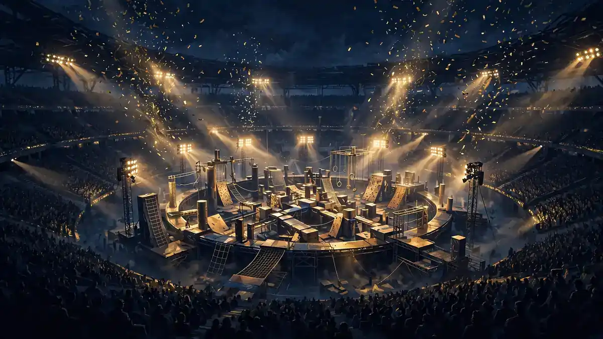 Illustration of a vast nighttime competition arena with elaborate challenge structures, evoking the scale of MrBeast's Beast Games productions