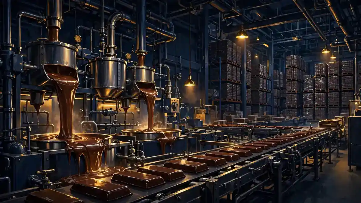 Illustration of a chocolate factory production hall with conveyor belts of chocolate bars and warehouse pallets, evoking MrBeast's Feastables consumer business