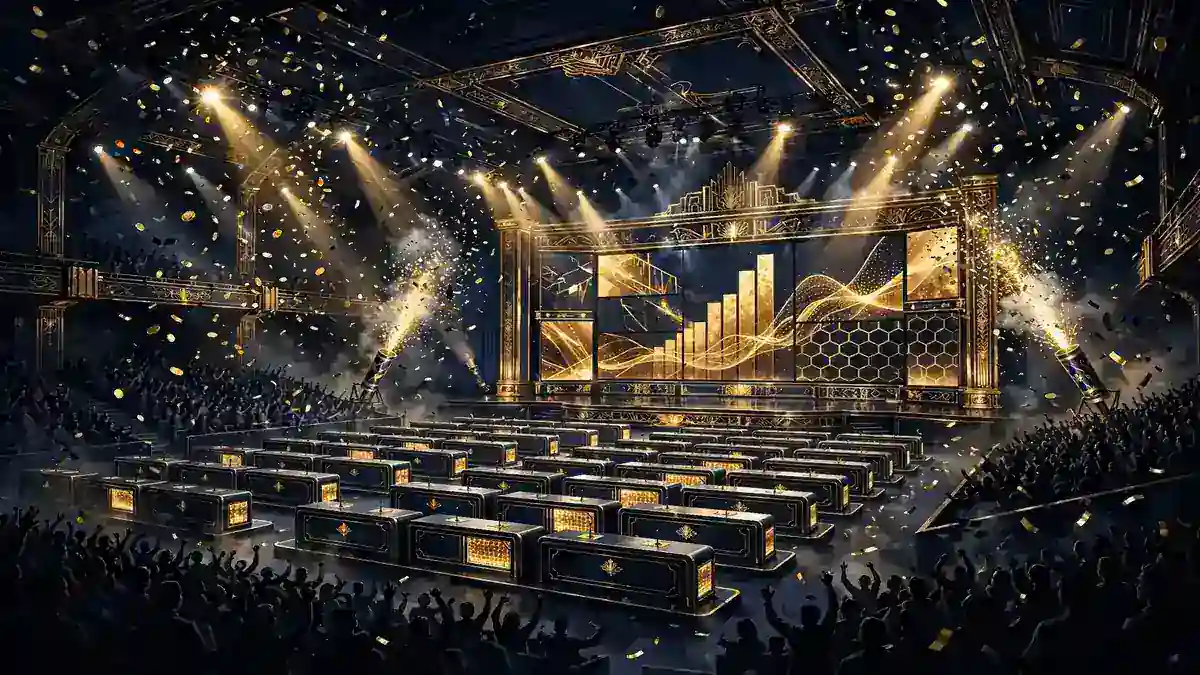 Illustrated game-show arena set representing MrBeast's large-scale video productions and Beast Games on Prime Video