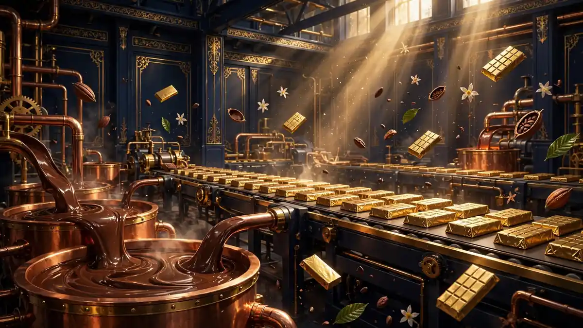 Illustrated chocolate factory production line representing MrBeast's Feastables brand and its $250 million in annual sales