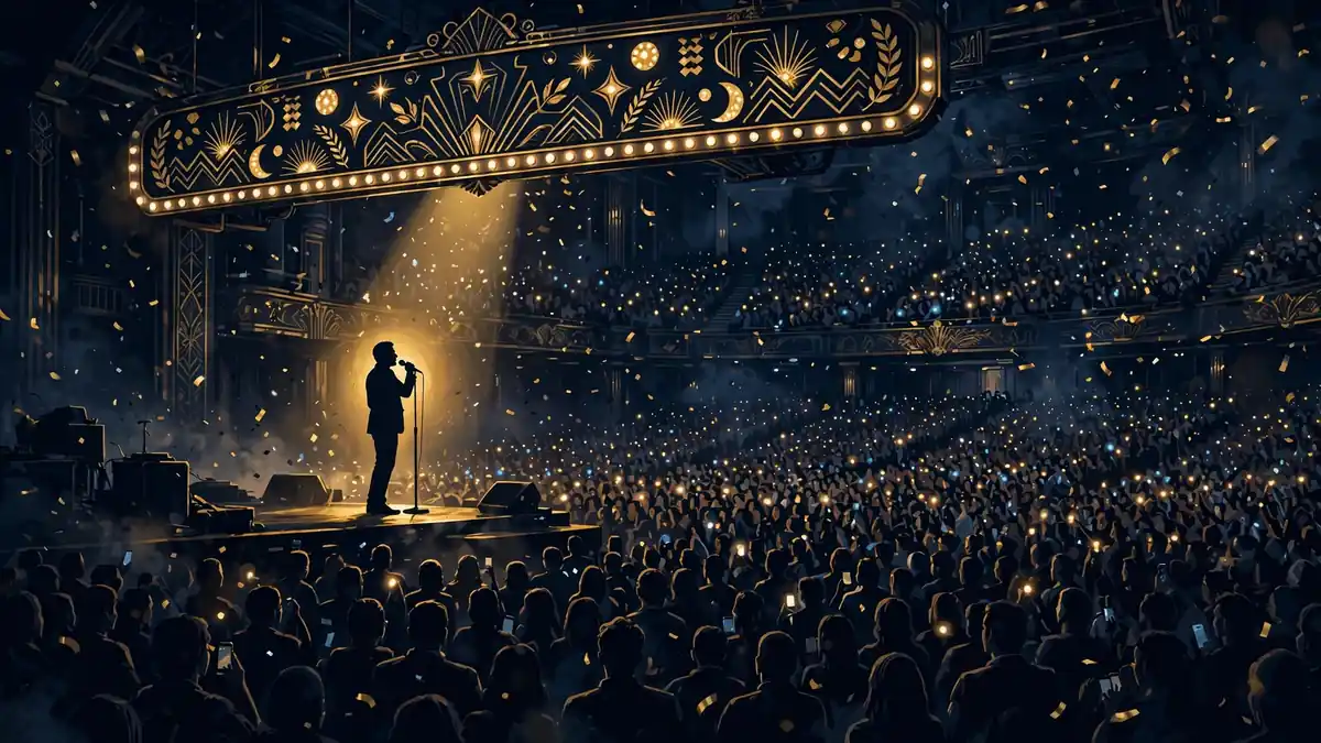 Illustration of Nate Bargatze performing for a sold-out arena crowd — his record-breaking Big Dumb Eyes tour