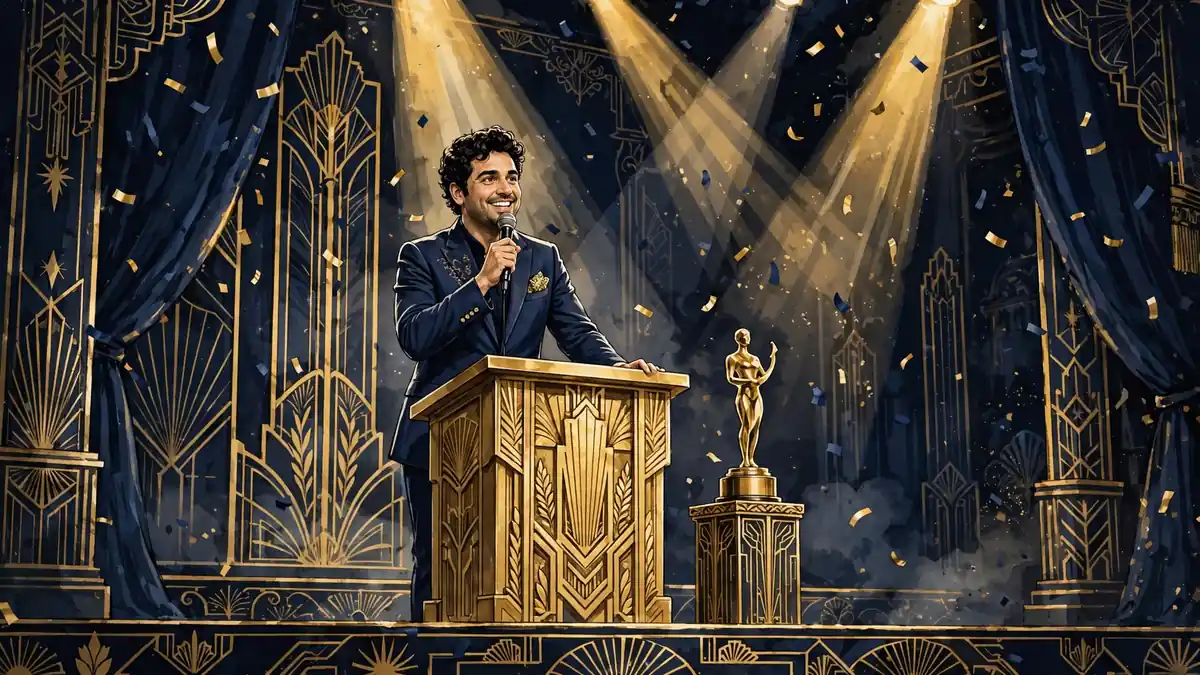 Illustration of Nate Bargatze on an awards-show stage with a golden trophy — his Grammy and Emmy milestones