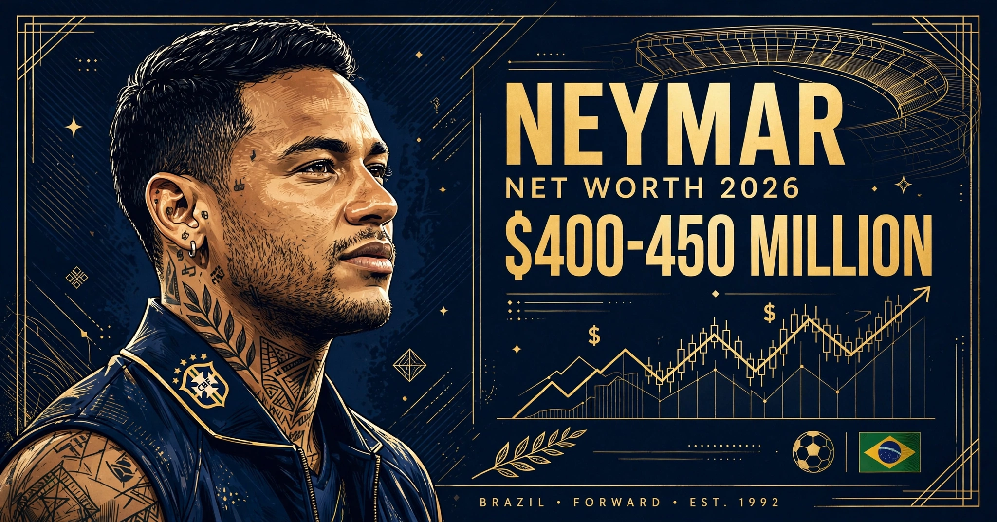 Neymar net worth 2026 — estimated $400 to $450 million fortune infographic
