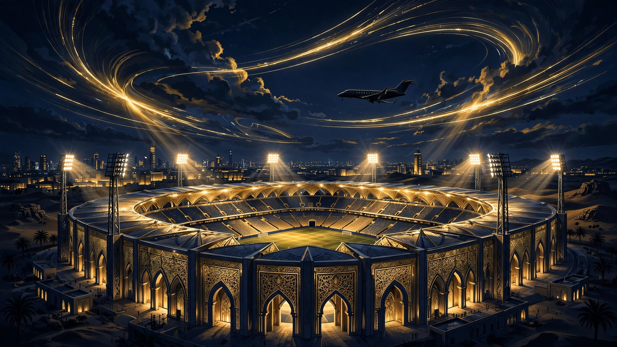 Illustrated night view of a luxurious Middle Eastern football stadium with a private jet overhead, evoking Neymar's Al-Hilal era