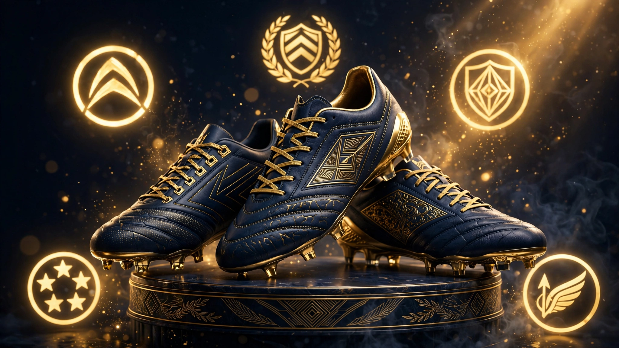 Illustrated showcase of premium football boots on a pedestal with glowing sponsor motifs, evoking Neymar's Puma endorsement empire