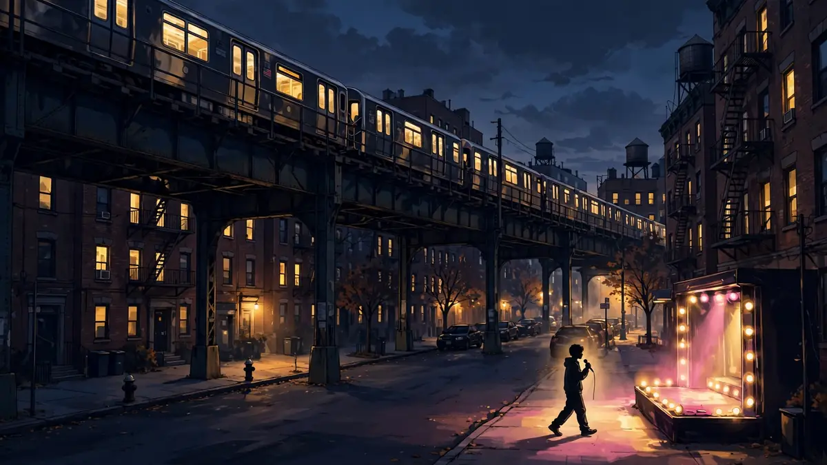 Illustrated Queens, New York street at dusk with an elevated subway train and a small stage glowing pink and gold
