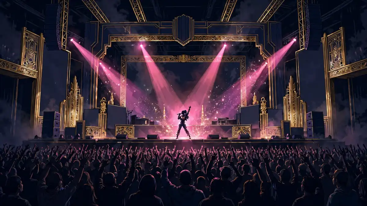 Illustrated arena concert stage in dark navy and gold with pink spotlights and a performer before a large crowd