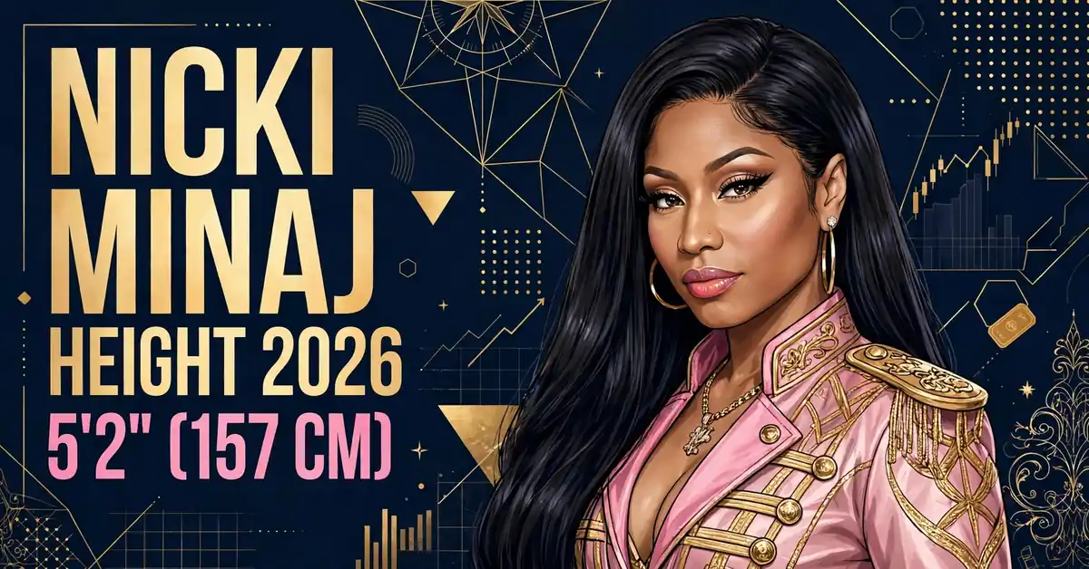Nicki Minaj height 2026 — stylized illustrated portrait of the rapper, 5 ft 2 in (157 cm), with NICKI MINAJ HEIGHT 2026 5'2