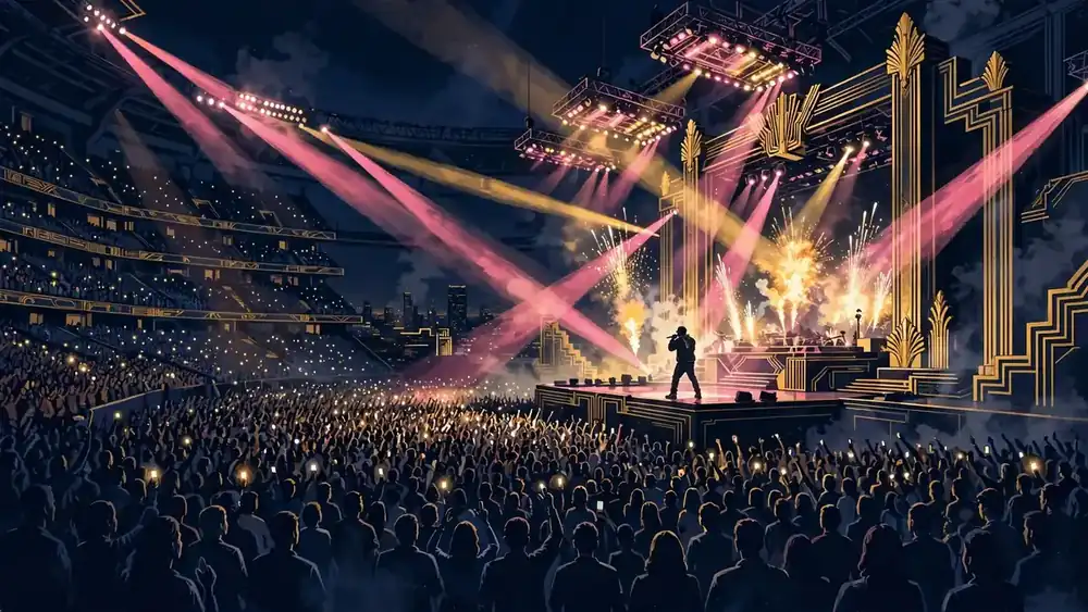 Illustrated night arena scene with pink stage lights representing Nicki Minaj's record-breaking Pink Friday 2 World Tour