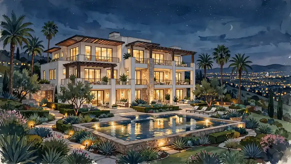 Illustrated luxury California mansion at dusk with golden lights representing Nicki Minaj's Hidden Hills real estate
